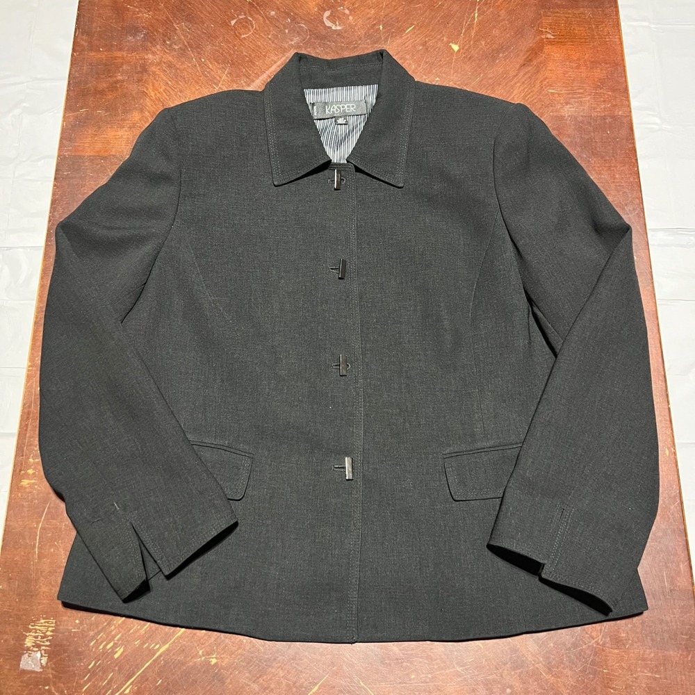Kasper Petite 16P Black Toggle Front Blazer Collared Business Jacket Pinstripe